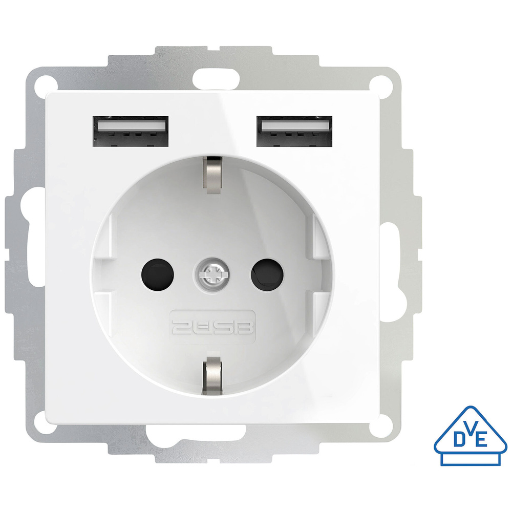 2USB Schutzkontakt-Steckdose mit 2 USB-Ports, reinweiß glänzend, 55 x 55 mm, VDE zertifiziert