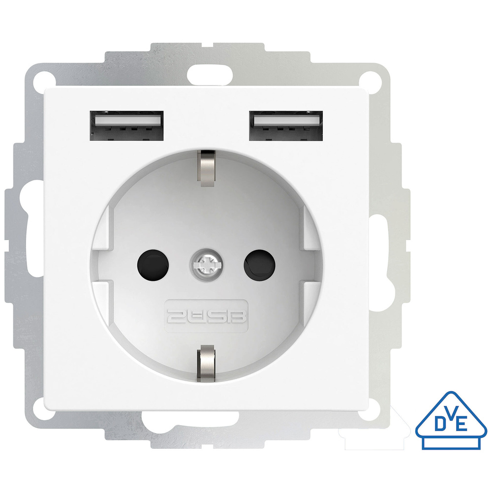 2USB Schutzkontakt-Steckdose mit 2 USB-Ports, reinweiß matt, 55 x 55 mm, VDE zertifiziert