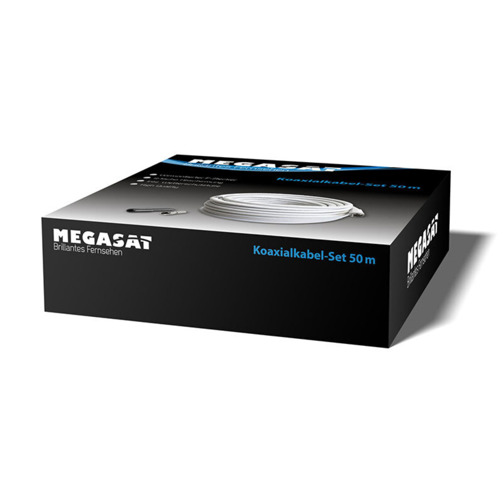 Megasat Koaxialkabel-Set 120, Schirmmaß 110 dB, 4-fach abgeschirmt, inkl. F-Stecker, weiß, 50 m