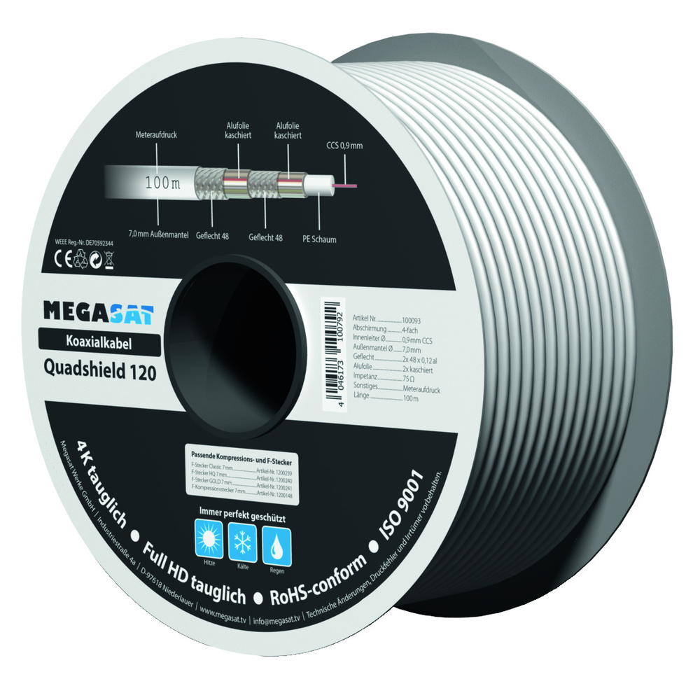 Megasat Koaxialkabel 120, Schirmmaß 110 dB, 4-fach abgeschirmt, weiß, 100 m (Spule)