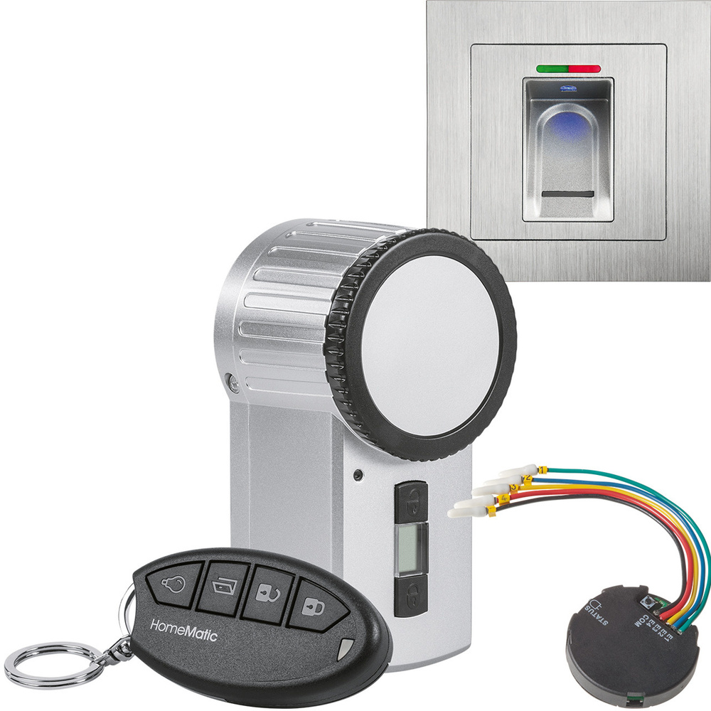 ELV Sparset mit BioKey Gate Fingerabdruckscanner (Unterputz) + Funk-Türschlossantrieb KeyMatic (silber) +  Funk-Tasterschnittstelle