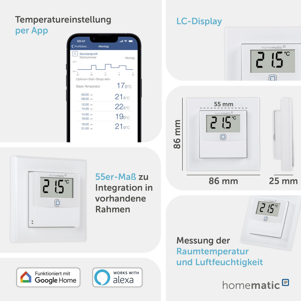 Homematic IP Smart Home Temperatur- und Luftfeuchtigkeitssensor mit Display – innen, HmIP-STHD