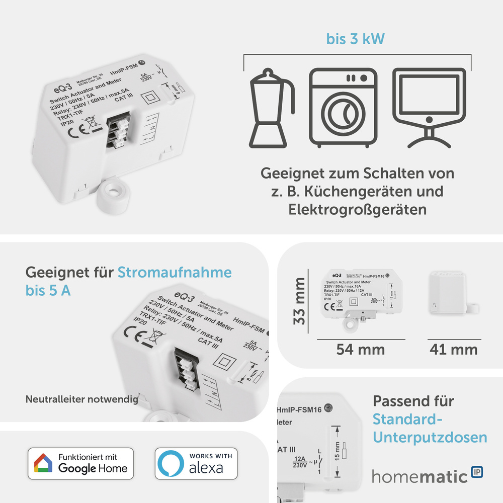 Homematic IP Smart Home Schalt-Mess-Aktor (16 A) – Unterputz, HmIP-FSM16