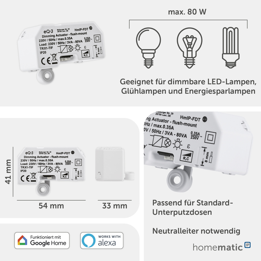 Homematic IP Smart Home Dimmaktor Unterputz – Phasenabschnitt, HmIP-FDT