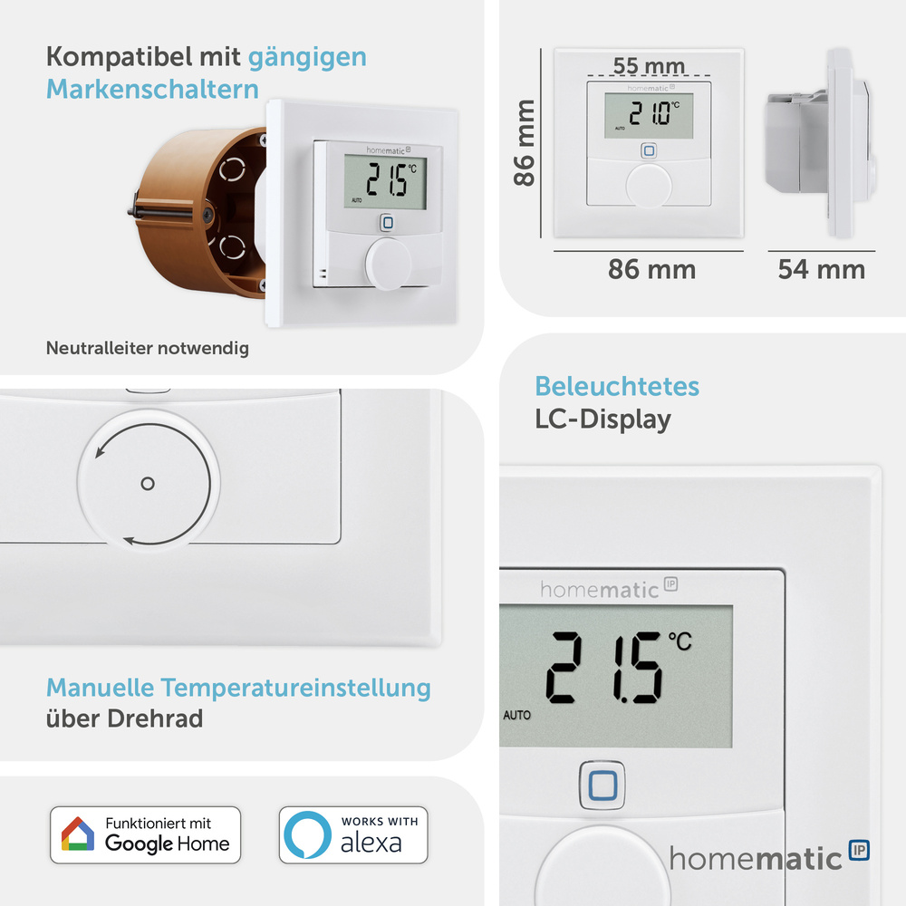 Homematic IP Smart Home Wandthermostat mit Schaltausgang – für Markenschalter, HmIP-BWTH
