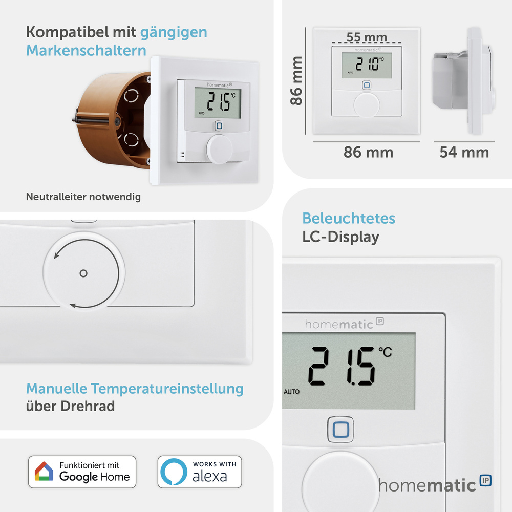 Homematic IP Smart Home Wandthermostat mit Schaltausgang – für Markenschalter, 24 V, HmIP-BWTH24