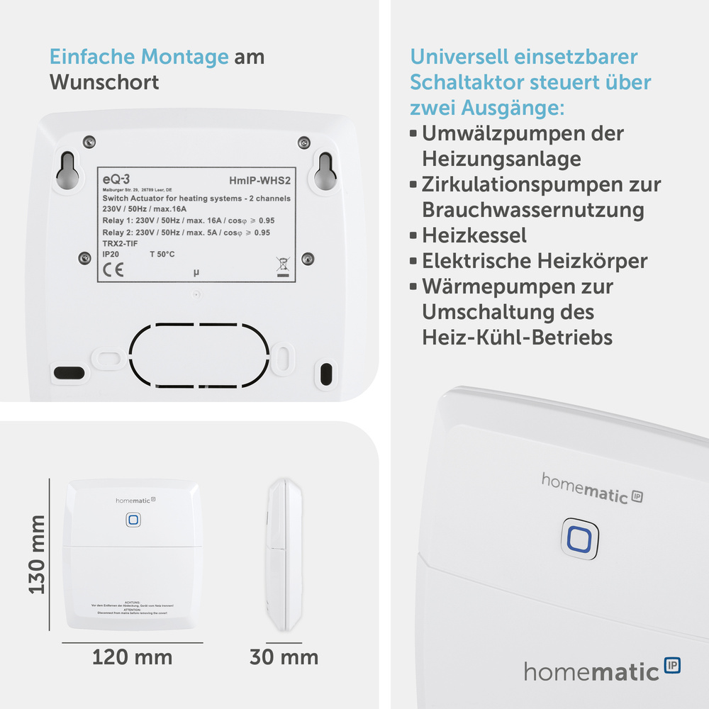 Homematic IP Smart Home Schaltaktor für Heizungsanlagen – 2-fach, HmIP-WHS2
