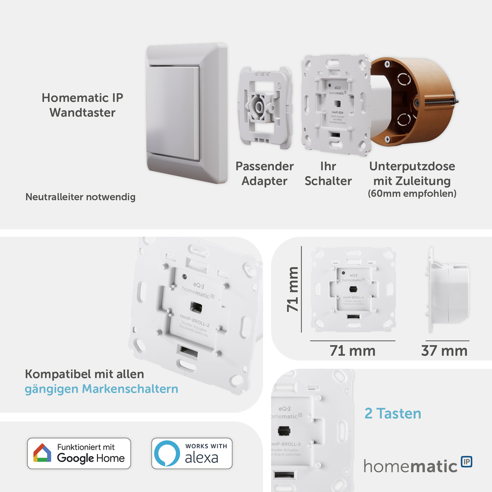 Homematic IP Smart Home Rollladenaktor für Markenschalter, HmIP-BROLL-2