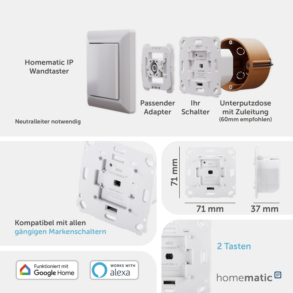 Homematic IP Smart Home Jalousieaktor für Markenschalter, HmIP-BBL-2