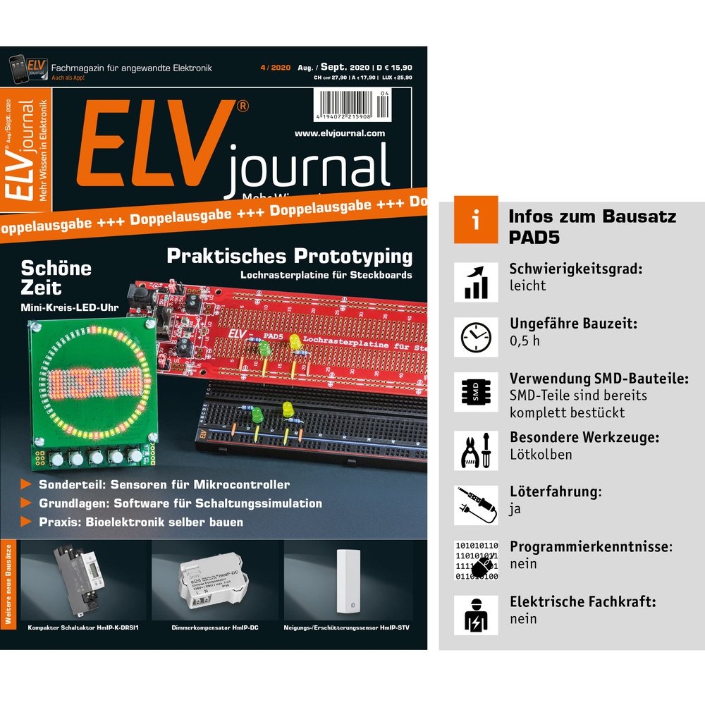 ELV Bausatz Lochrasterplatine für Steckboards PAD5, mit Spannungsreglern