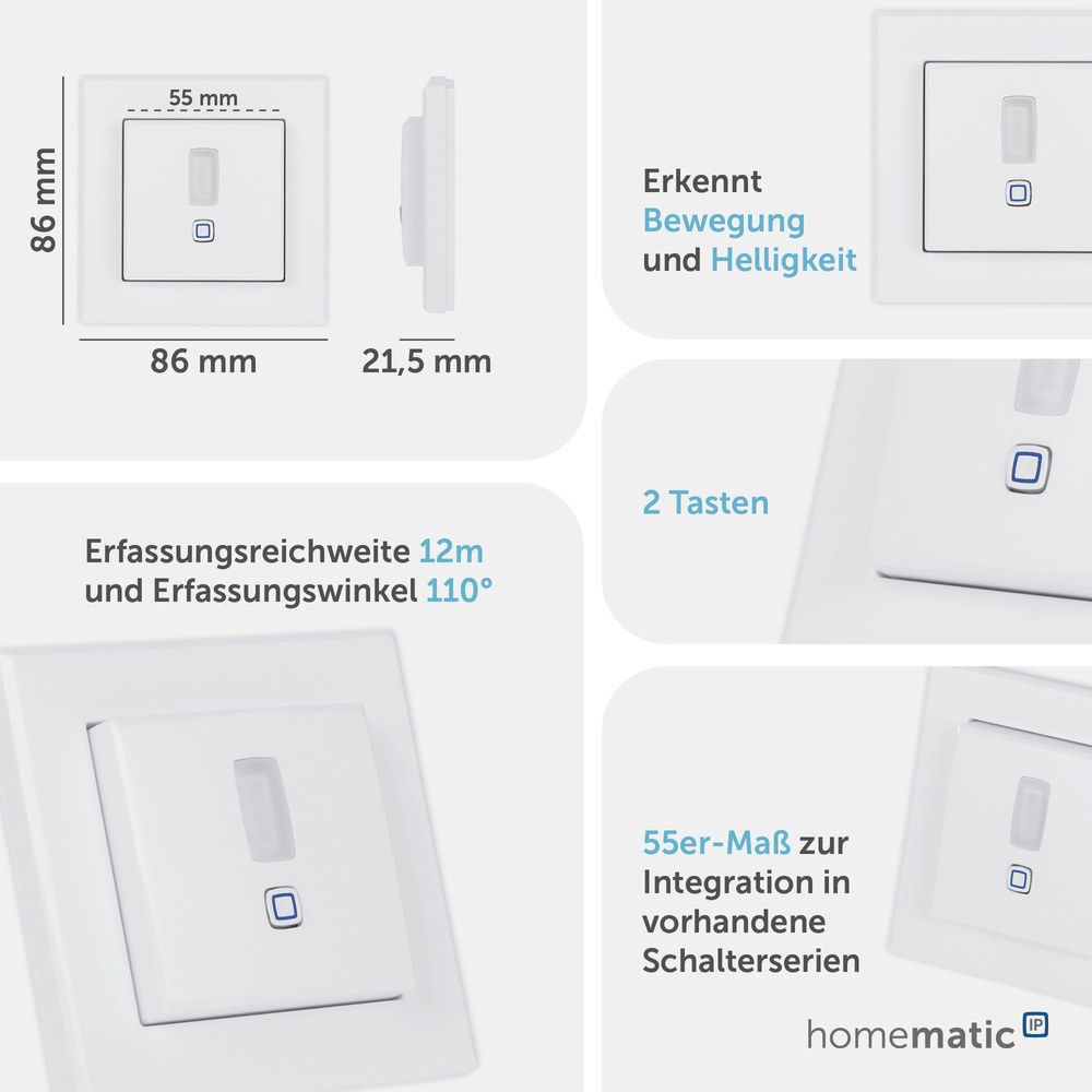 Homematic IP Smart Home Bewegungsmelder für 55er Rahmen – innen, HmIP-SMI55-2