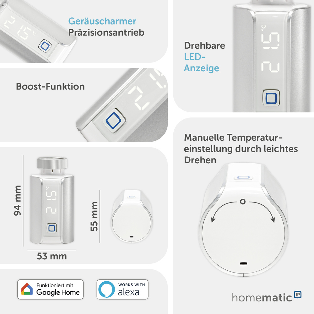 Homematic IP Smart Home Heizkörperthermostat – Evo, silber, HmIP-eTRV-E-S