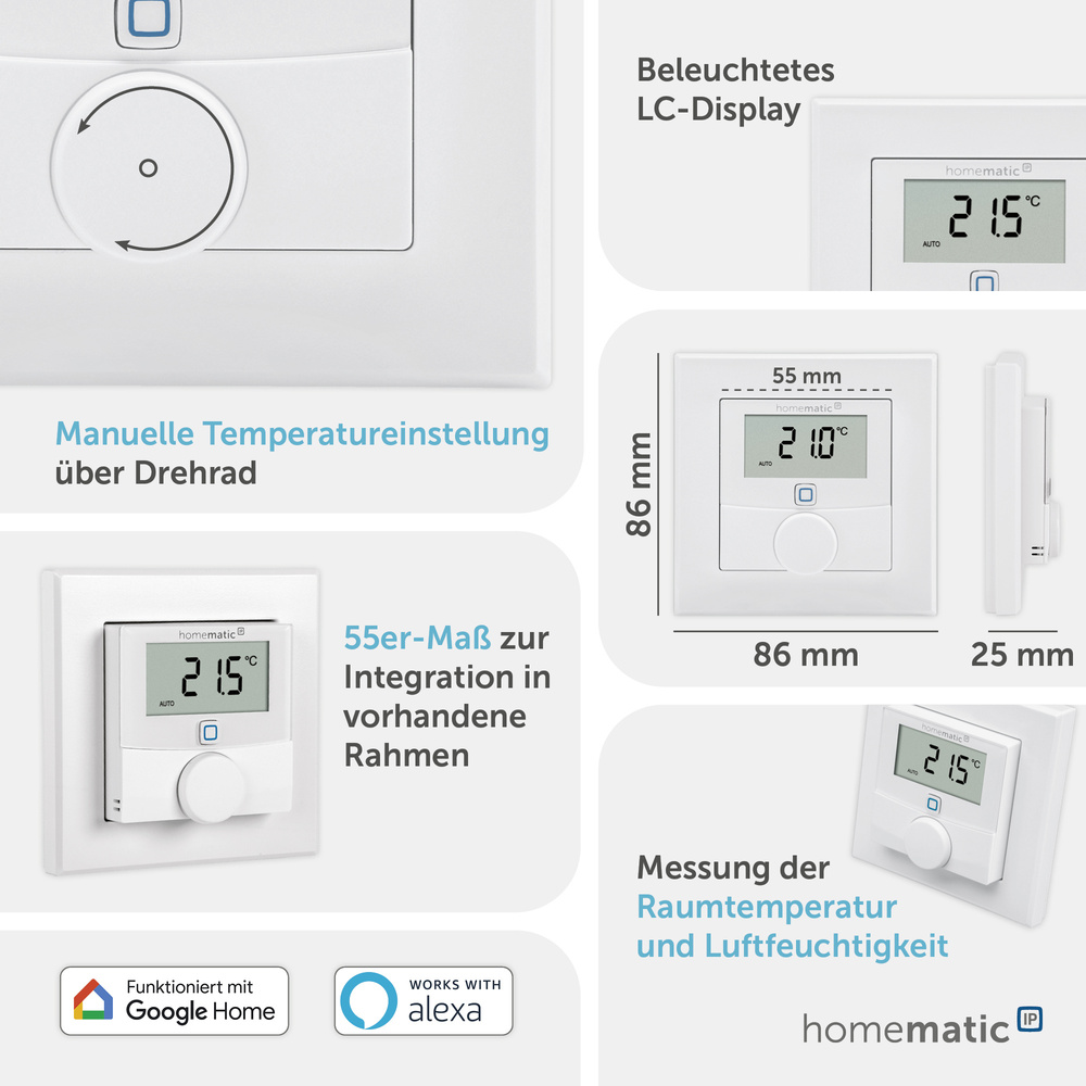 Homematic IP Smart Home Wandthermostat mit Luftfeuchtigkeitssensor, HmIP-WTH-1