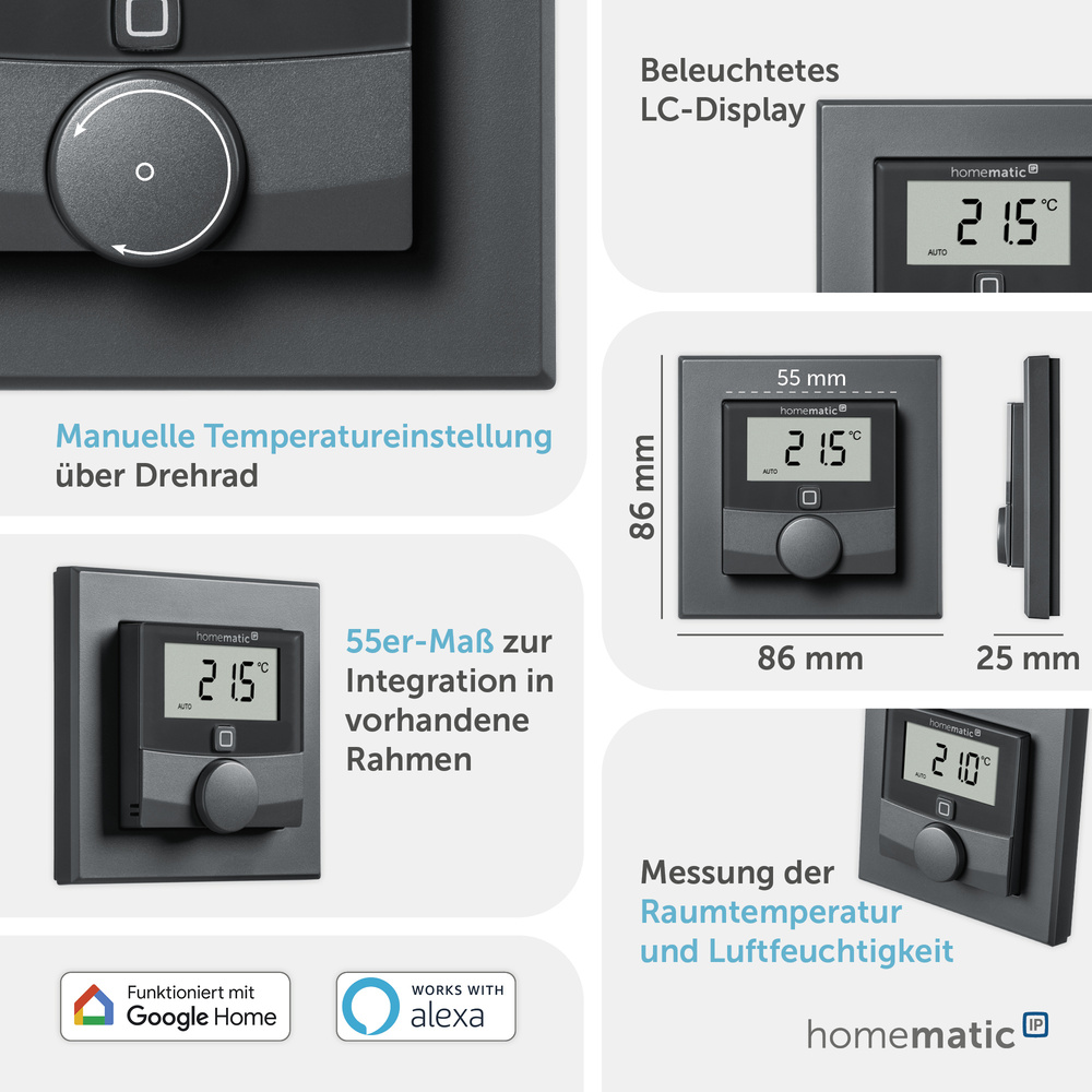 Homematic IP Smart Home Wandthermostat mit Luftfeuchtigkeitssensor, anthrazit, HmIP-WTH-A