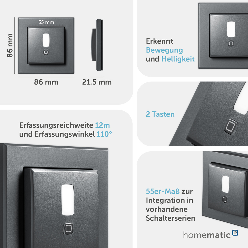 Homematic IP Smart Home Bewegungsmelder für 55er Rahmen – innen, anthrazit, HmIP-SMI55-A