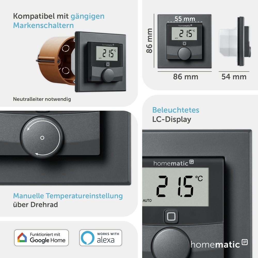 Homematic IP Smart Home Wandthermostat mit Schaltausgang – für Markenschalter, anthrazit, HmIP-BWTH-A