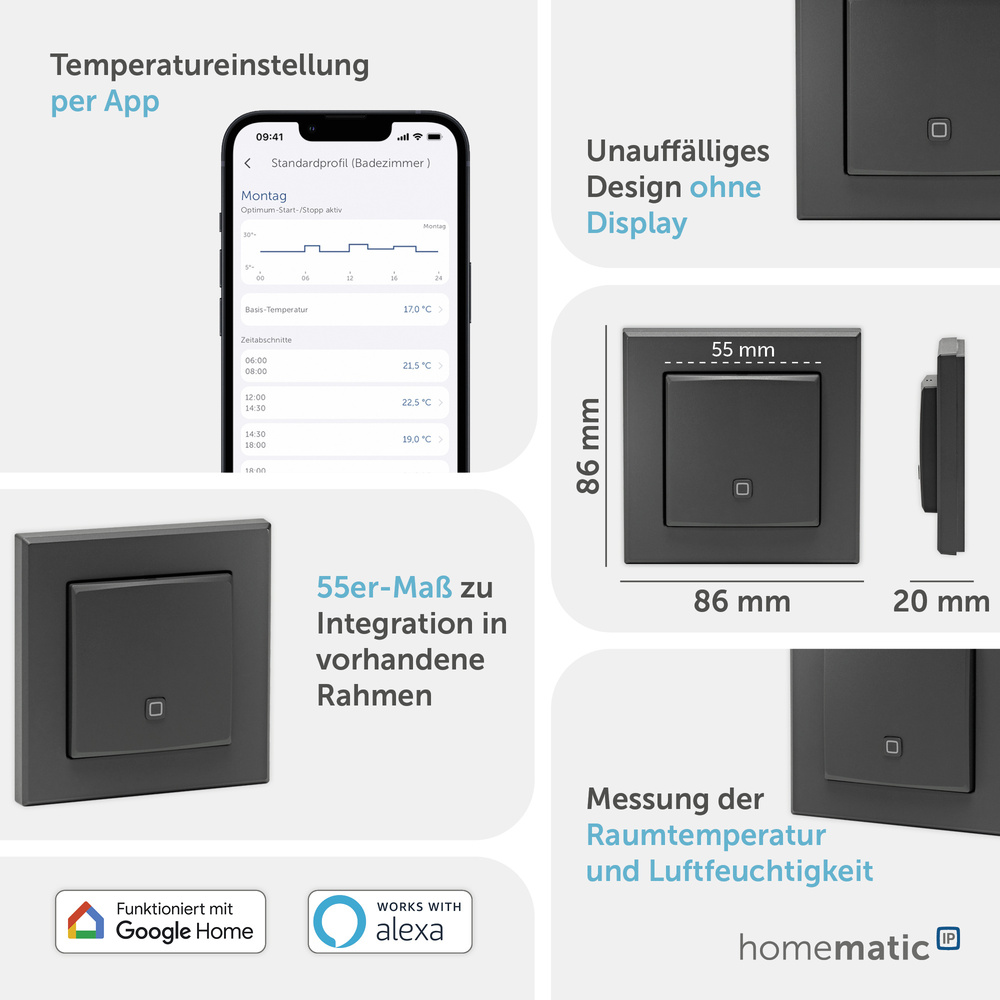 Homematic IP Smart Home Temperatur- und Luftfeuchtigkeitssensor – innen, anthrazit, HmIP-STH-A