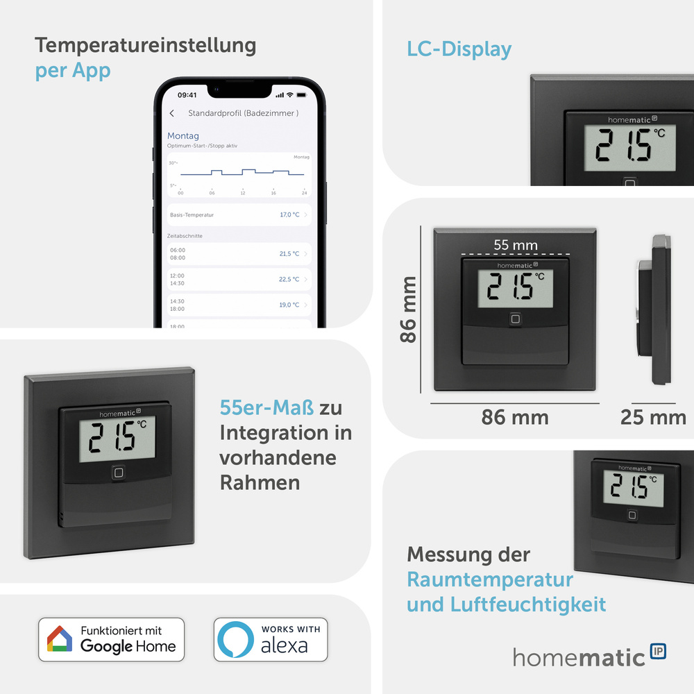 Homematic IP Smart Home Temperatur- und Luftfeuchtigkeitssensor mit Display – innen, anthrazit, HmIP-STHD-A