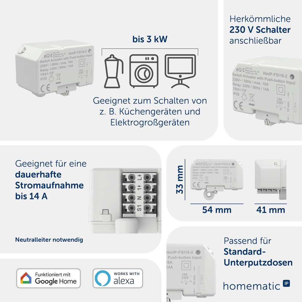 Homematic IP Smart Home Schaltaktor mit Tastereingang (16 A) – Unterputz, HmIP-FSI16-2