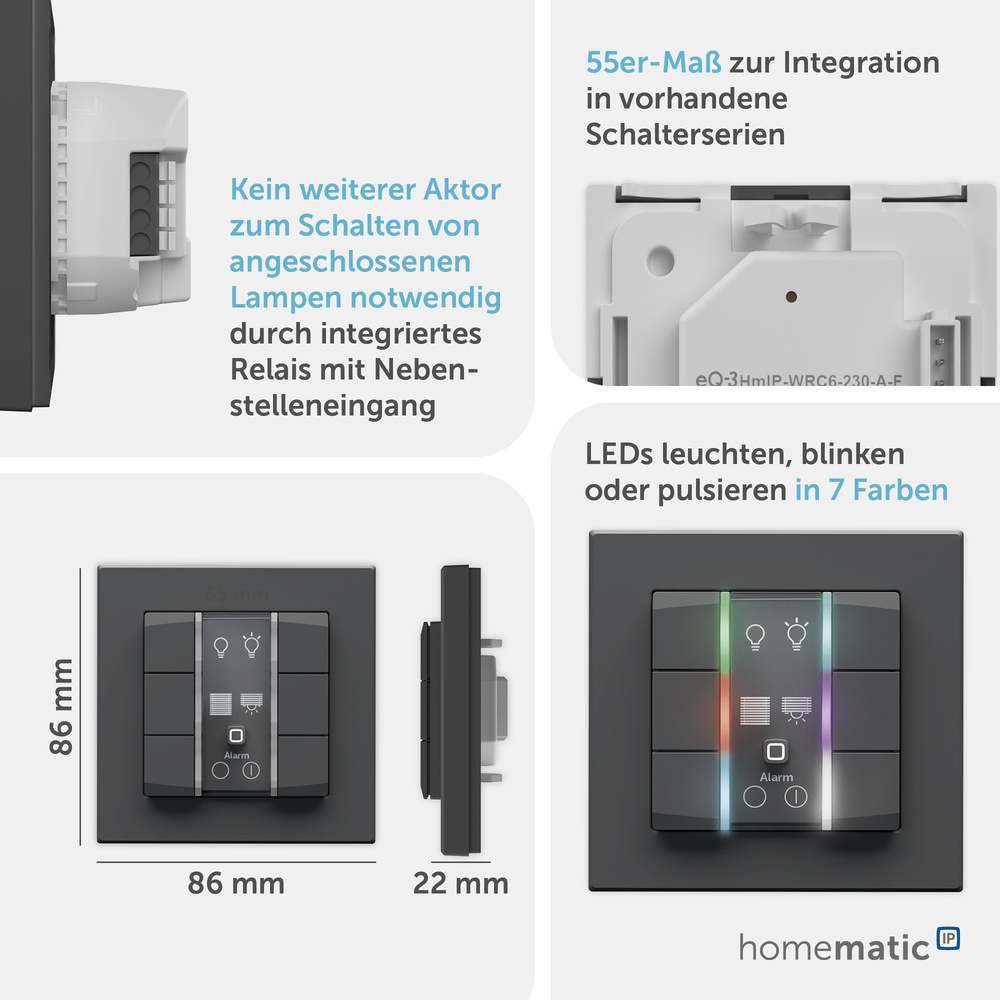 Homematic IP Smart Home Wandtaster – 6-fach, anthrazit, HmIP-WRC6-230-A