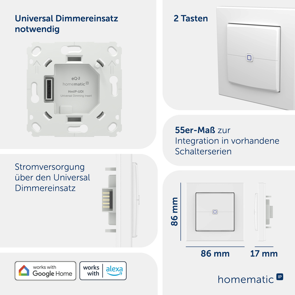 Homematic IP Smart Home Universal Dimmeraufsatz – Taster, HmIP-UDI-PB2