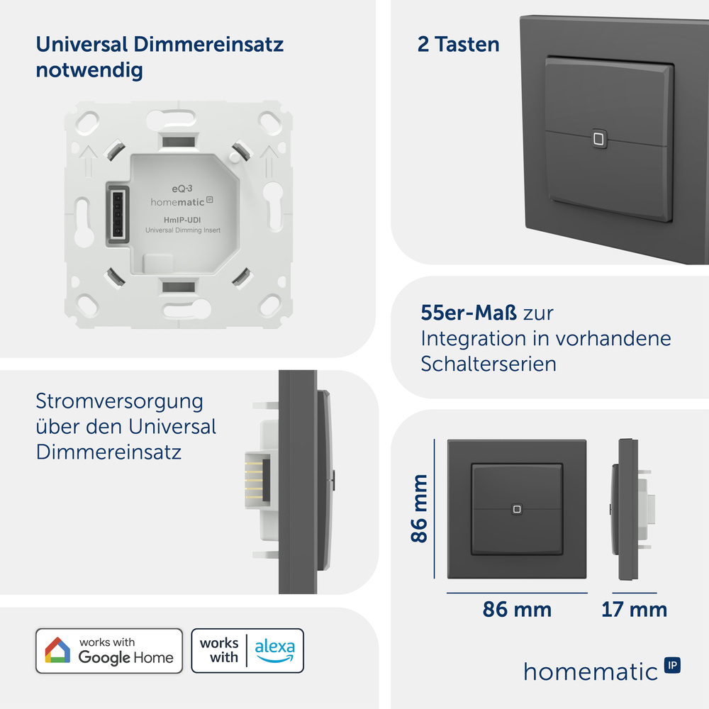 Homematic IP Smart Home Universal Dimmeraufsatz – Taster, HmIP-UDI-PB2-A