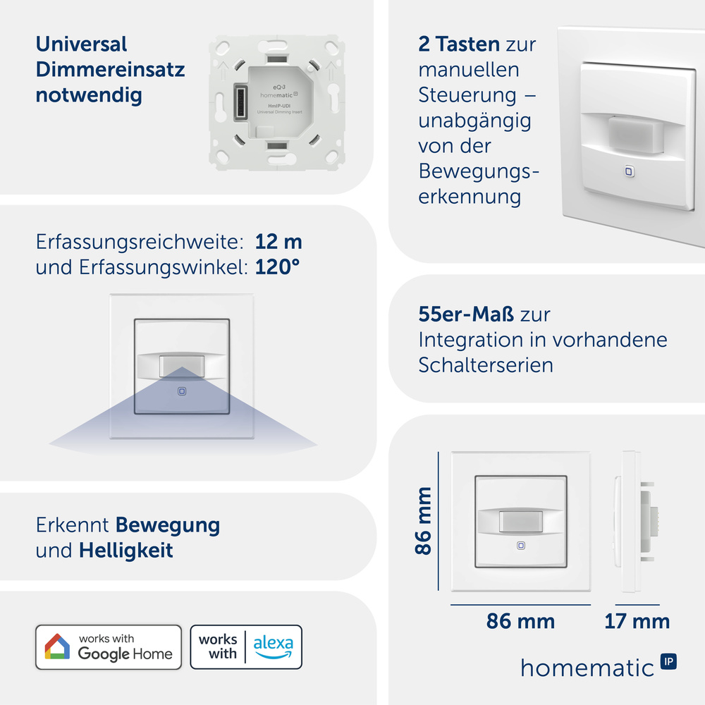 Homematic IP Smart Home Universal Dimmeraufsatz – Bewegungsmelder, HmIP-UDI-SMI55