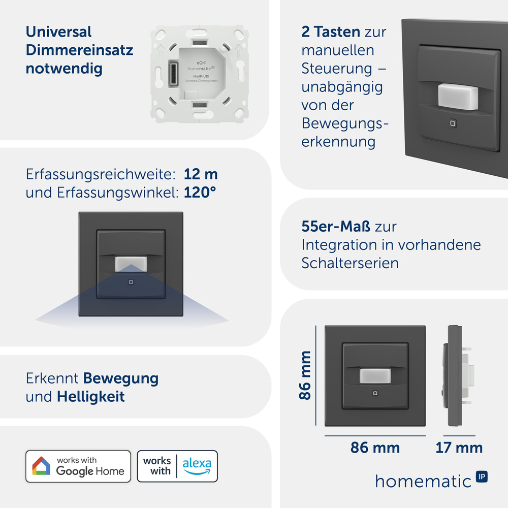 Homematic IP Smart Home Universal Dimmeraufsatz – Bewegungsmelder, HmIP-UDI-SMI55-A