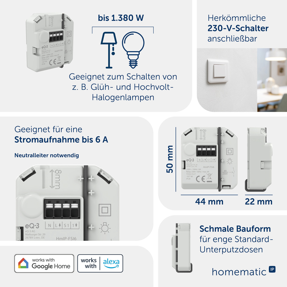 Homematic IP Smart Home Schaltaktor mit Tastereingang (6A) – Unterputz, HmIP-FSI6