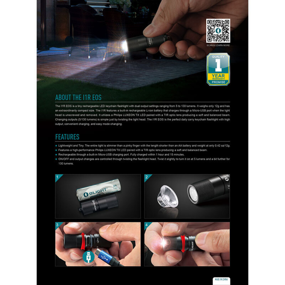 Olight Mini-Taschenlampe I1R EOS für Schlüsselanhänger, 130 lm, Li-Ion-Akku