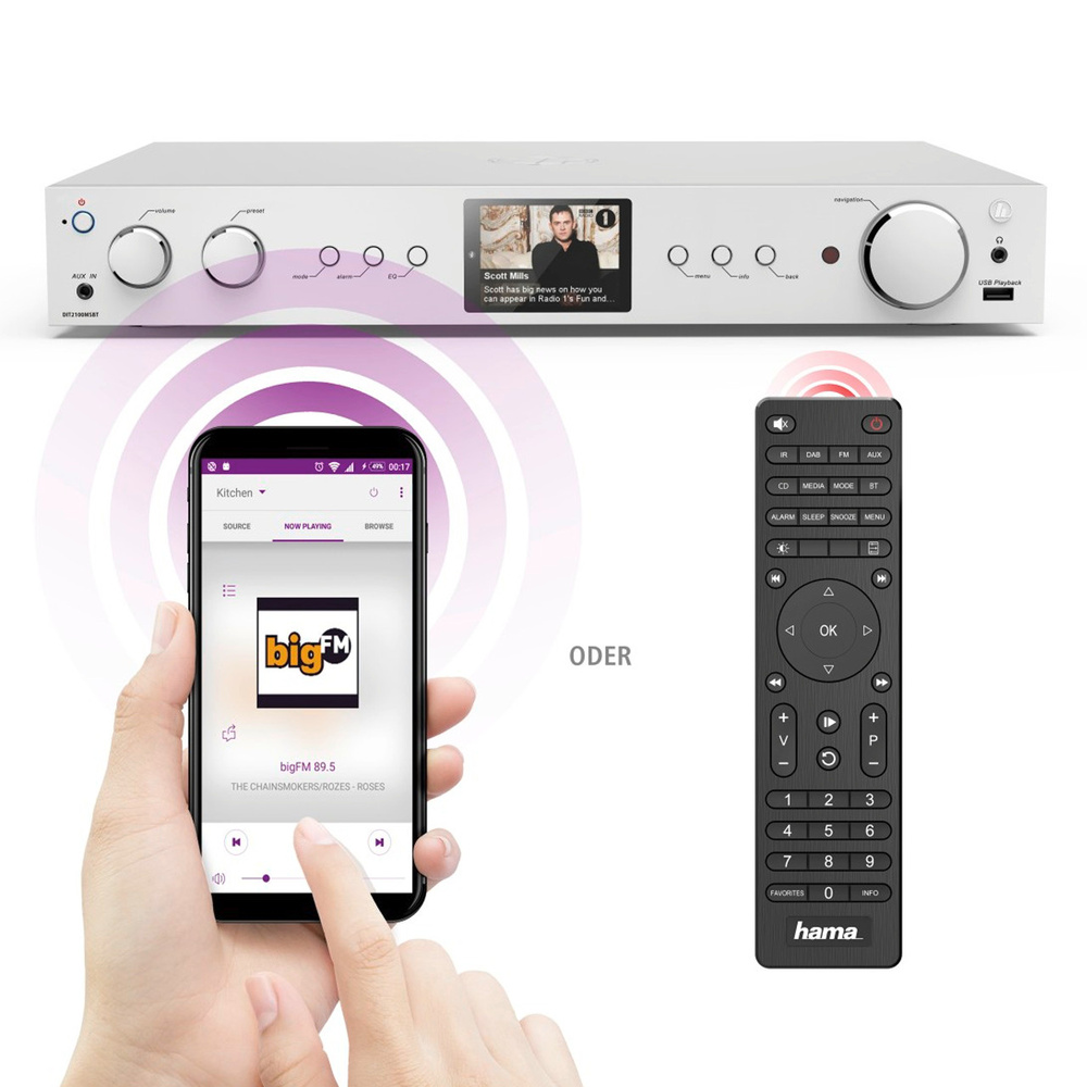 hama Radio-Hi-Fi-Tuner DIT2100MSBT, DAB+/UKW/Internetradio, USB, Bluetooth, Spotify, Alexa