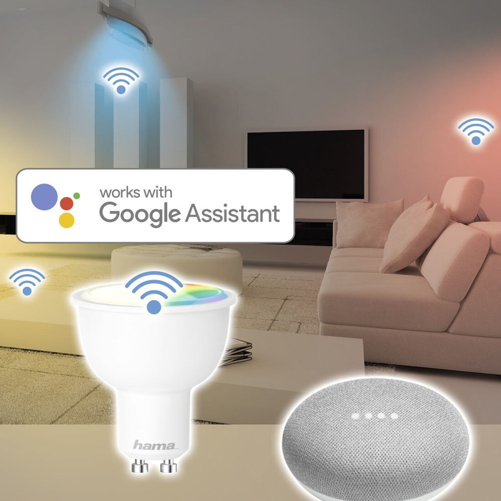 Hama 5,5-W-WiFi-RGB-LED-Lampe, GU10, dimmbar, Sprachsteuerung mit Amazon Alexa und Google Assistant