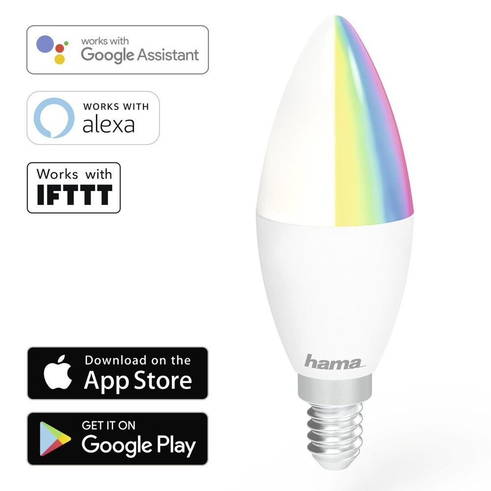 Hama 5,5-W-WiFi-RGB-LED-Kerzenlampe E14, Sprachsteuerung mit Amazon Alexa und Google Assistant