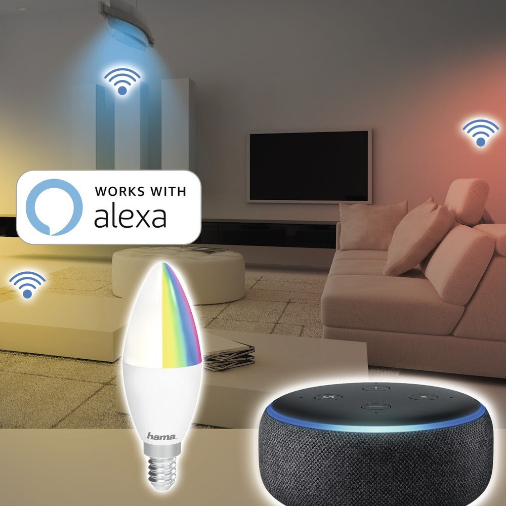 Hama 5,5-W-WiFi-RGB-LED-Kerzenlampe E14, Sprachsteuerung mit Amazon Alexa und Google Assistant