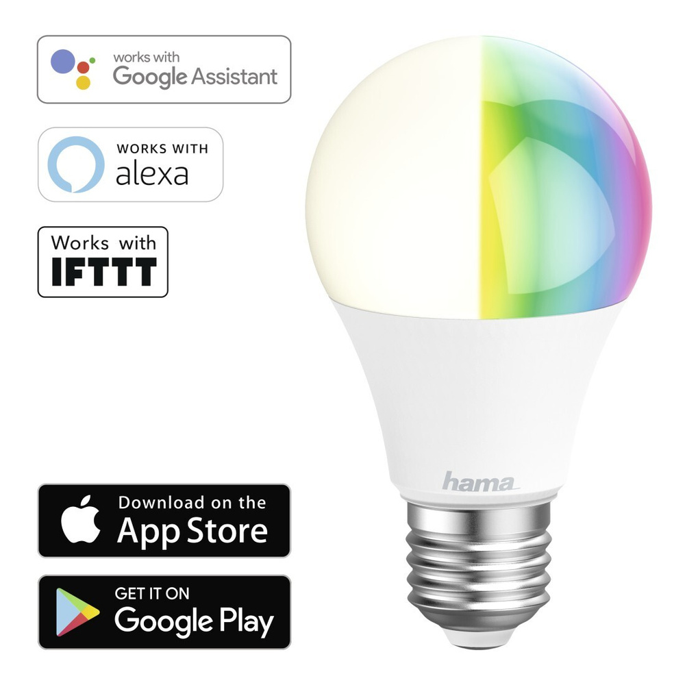 Hama 10-W-WiFi-RGB-LED-Lampe E27, dimmbar, Sprachsteuerung mit Amazon Alexa und Google Assistant