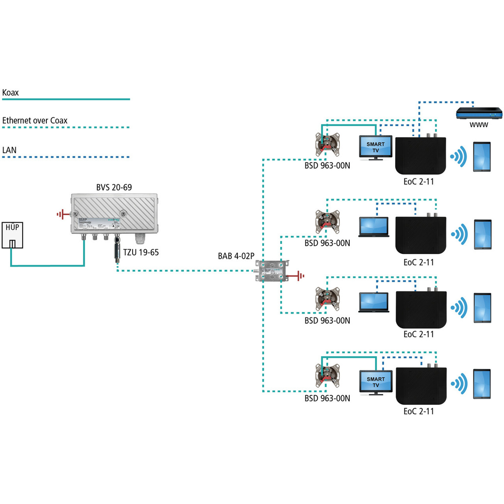 Axing Ethernet-over-Coax Netzwerk-Adapter EoC 2-11, LAN- und WLAN-Verteilung über Koaxkabel