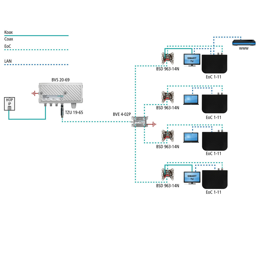 Axing Axing Ethernet-over-Coax Netzwerk-Adapter EoC 1-11, LAN-Verteilung über Koaxialkabel