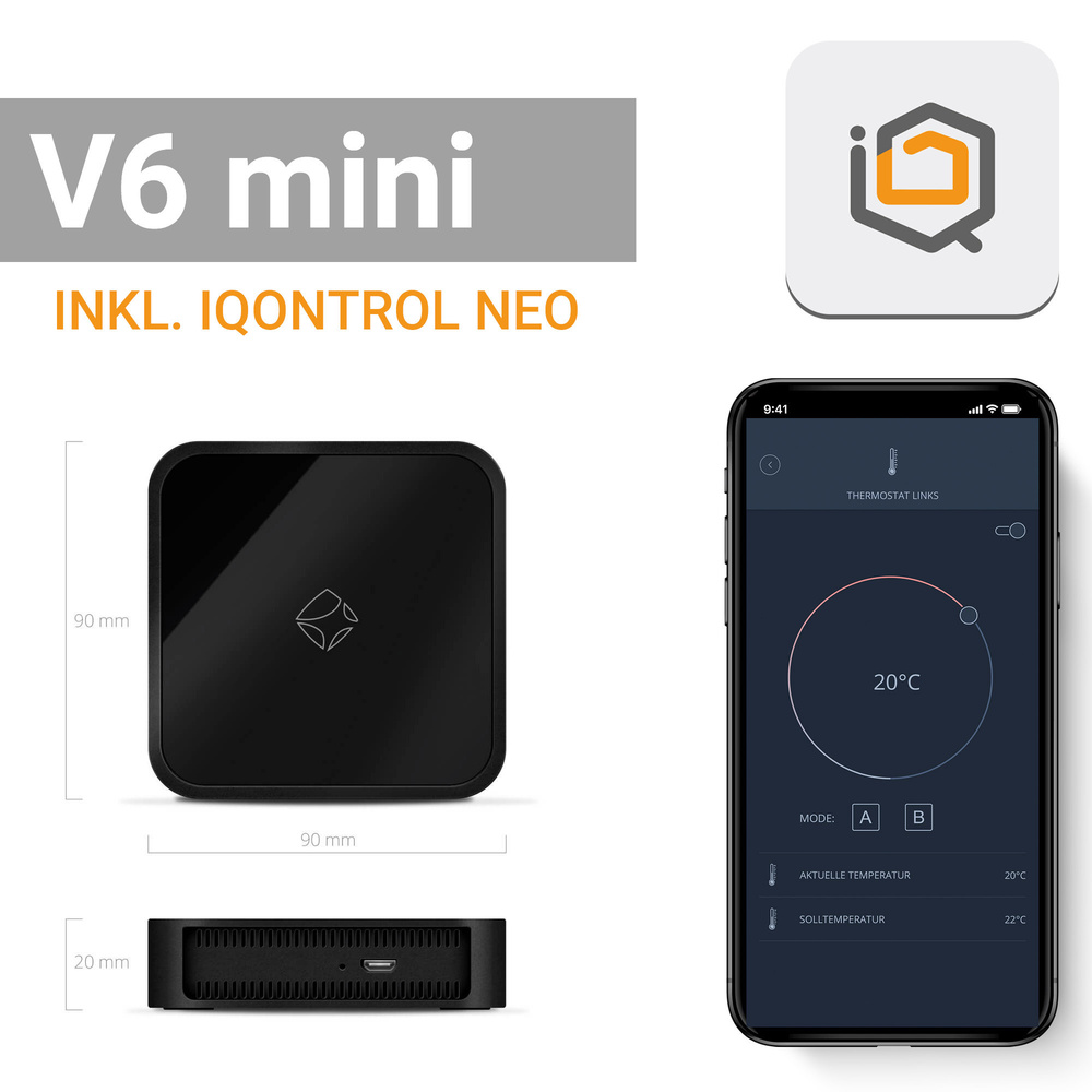 mediola AIO Gateway V6 mini, inkl. IQONTROL NEO-App für z.B. Homematic IP, Homematic und FS20