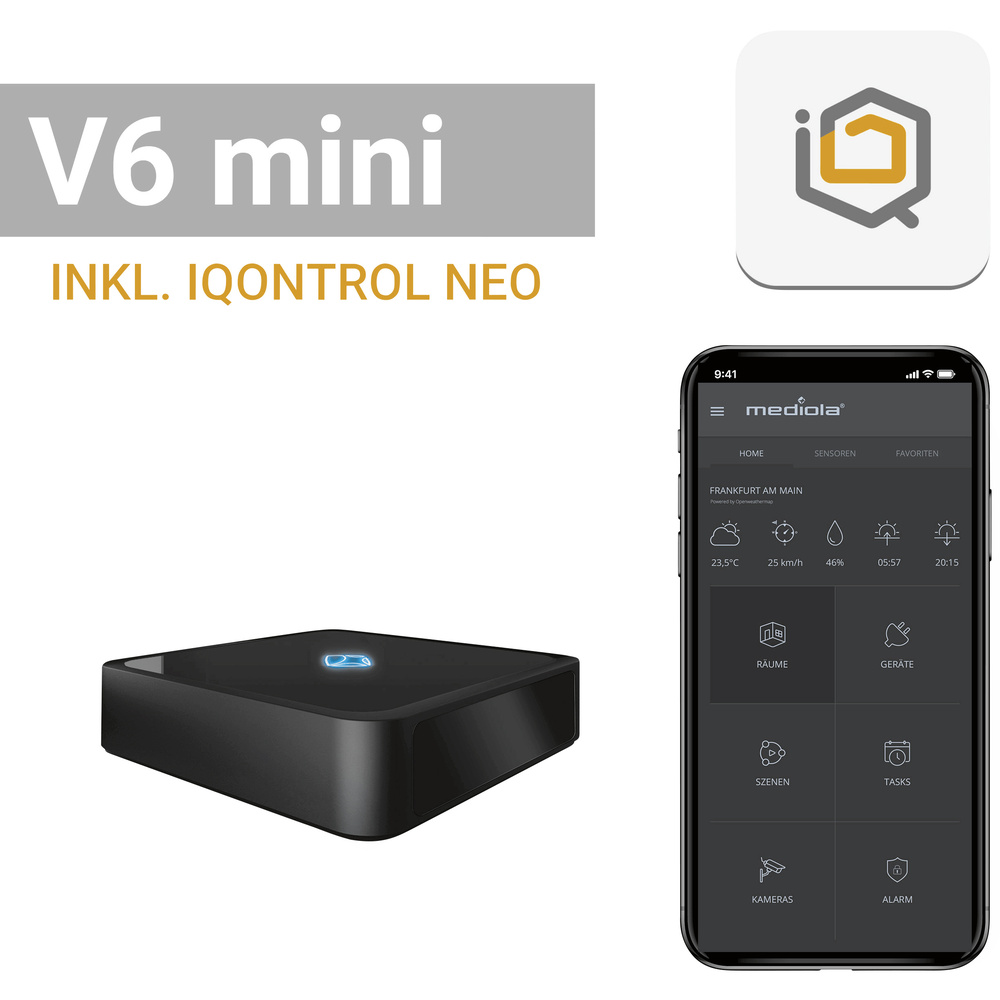 mediola AIO Gateway V6 mini, inkl. IQONTROL NEO-App für z.B. Homematic IP, Homematic und FS20
