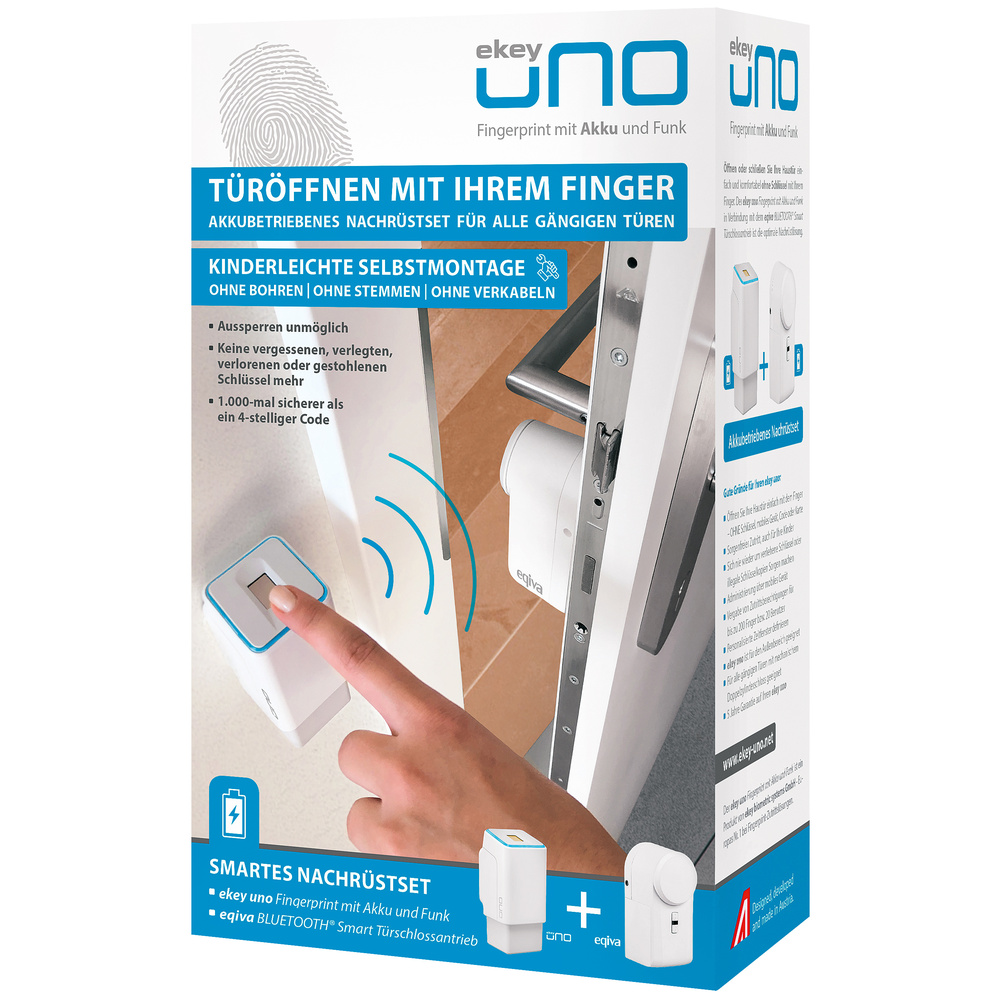 ekey uno Funk-Fingerabdruckscanner mit Akkubetrieb - inkl. Eqiva Bluetooth Smart Türschlossantrieb