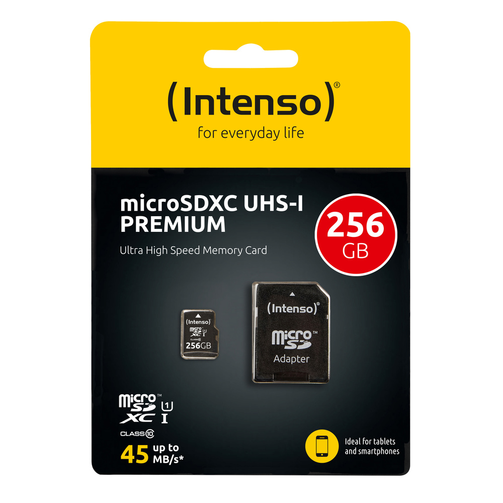 Intenso microSDXC-Karte UHS-I Premium, Class 10, mit SD-Adapter, 90 MB/S, 256 GB