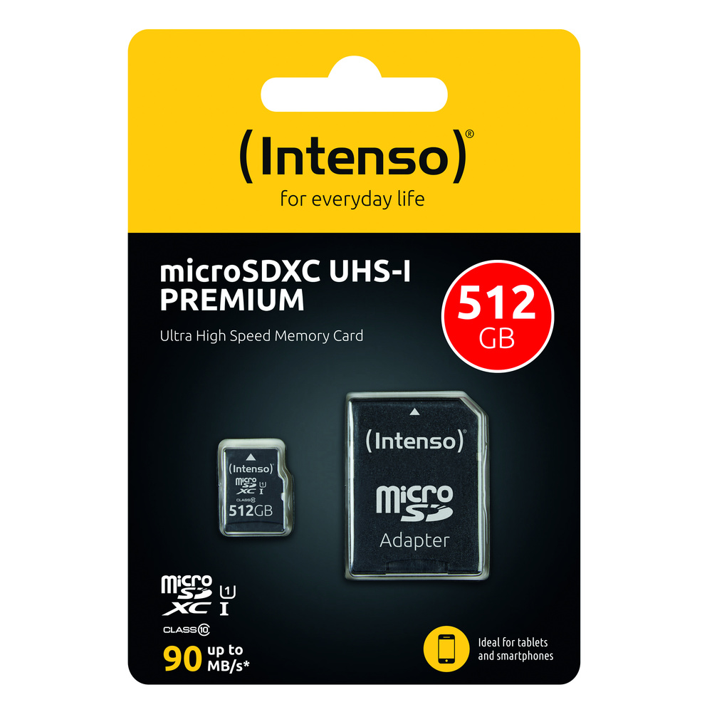 Intenso microSDXC-Karte UHS-I Premium, Class 10, mit SD-Adapter, 90 MB/s, 512 GB