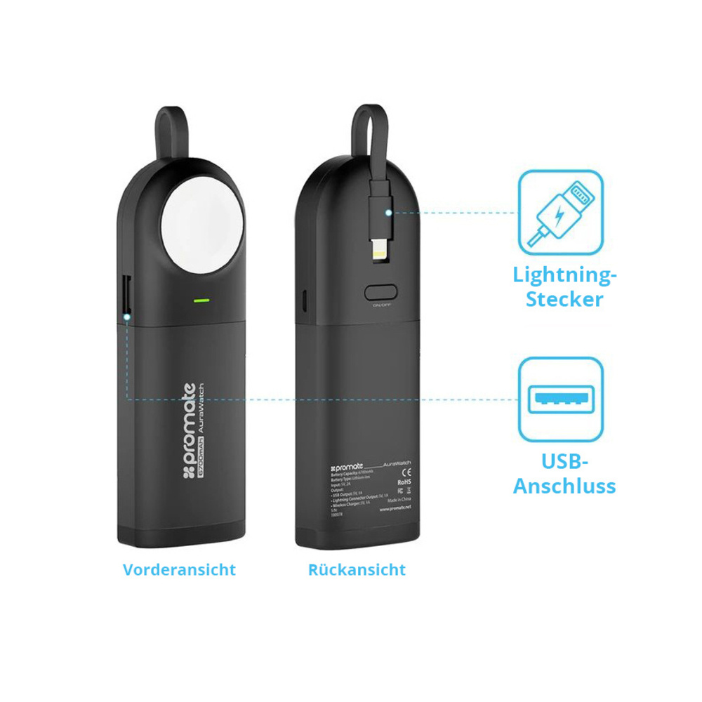 Promate 6700-mAh-Powerbank/Ladestation AuraWatch, mit Induktionsladefläche für die Apple Watch, MFi