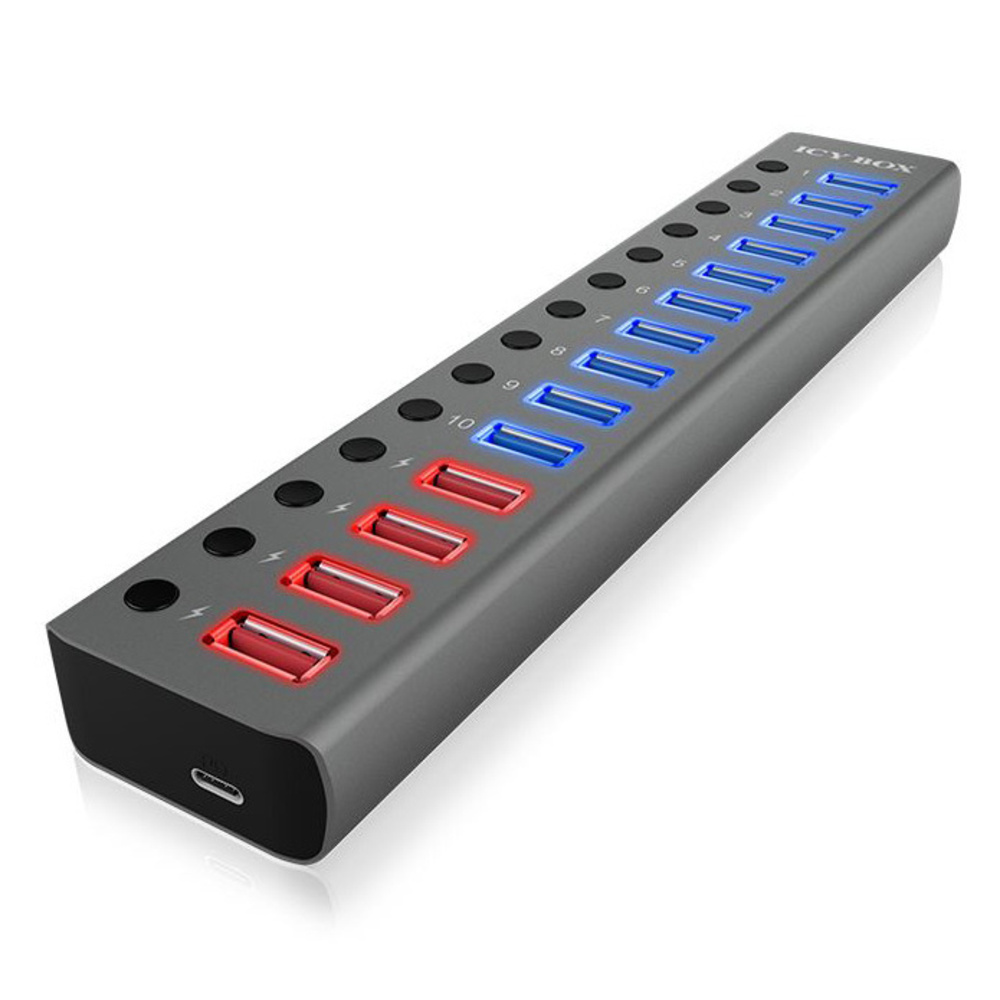 ICY BOX 15-Port-USB-Hub IB-HUB1715-U3, mit Ein-/Ausschaltern an jedem Port, Power Delivery (PD)
