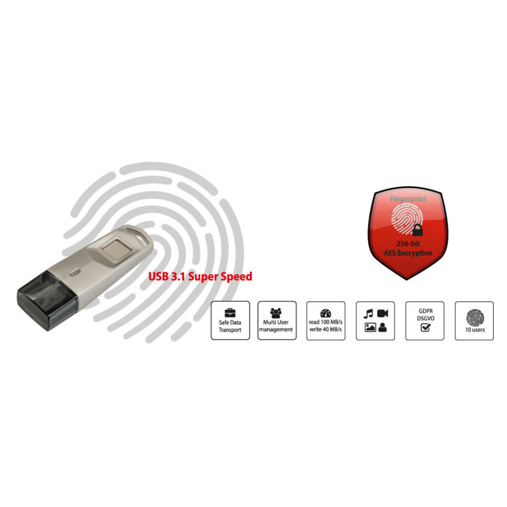 FeinTech USB-Stick mit Fingerabdrucksensor, USB 3.1, AES-256-Verschlüsselung, 32 GB