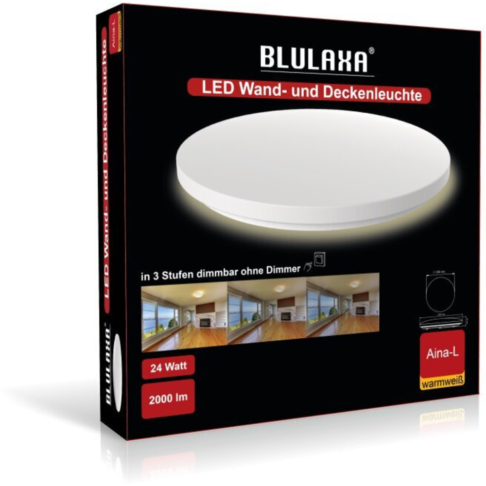 Blulaxa 24-W-LED-Wand-/Deckenleuchte Aina-L mit Dimm-Funktion, 2000 lm, warmweiß (3000 K), IP20