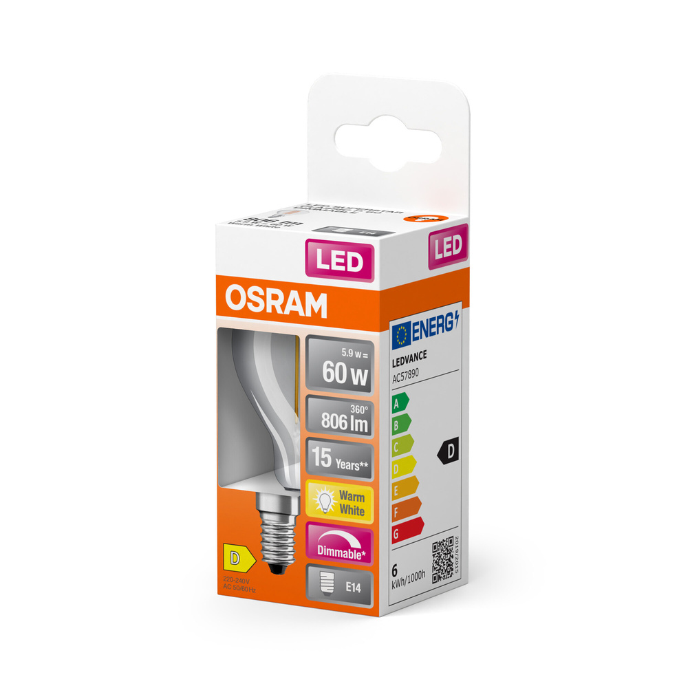 OSRAM 5,5-W-LED-Lampe P45, E14, 806 lm, warmweiß, klar, dimmbar