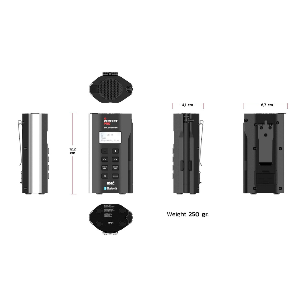 PerfectPro Ultrakompaktes Outdoor-/Baustellenradio SOLOWORKER, DAB+/UKW, Bluetooth-Streaming, IP64