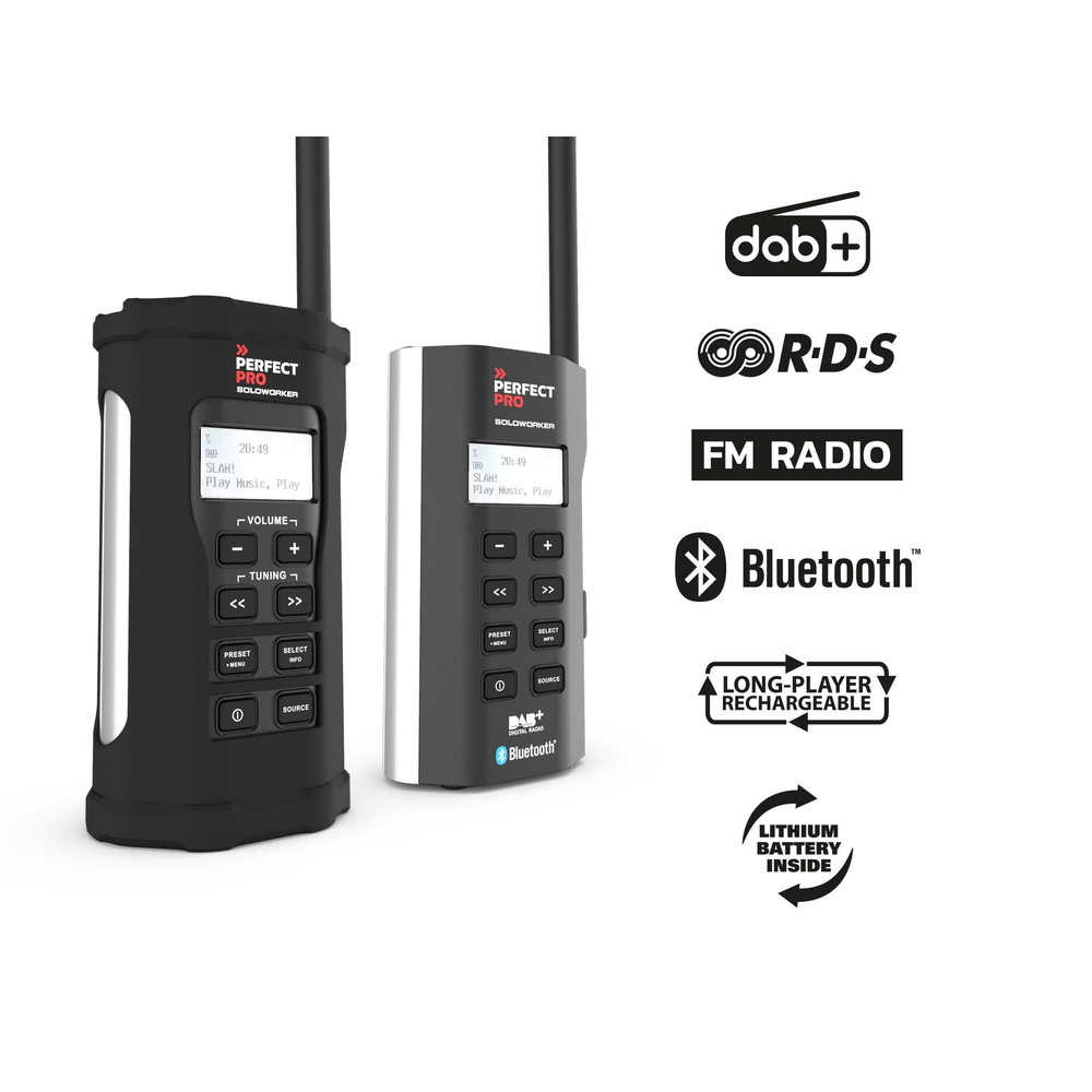 PerfectPro Ultrakompaktes Outdoor-/Baustellenradio SOLOWORKER, DAB+/UKW, Bluetooth-Streaming, IP64