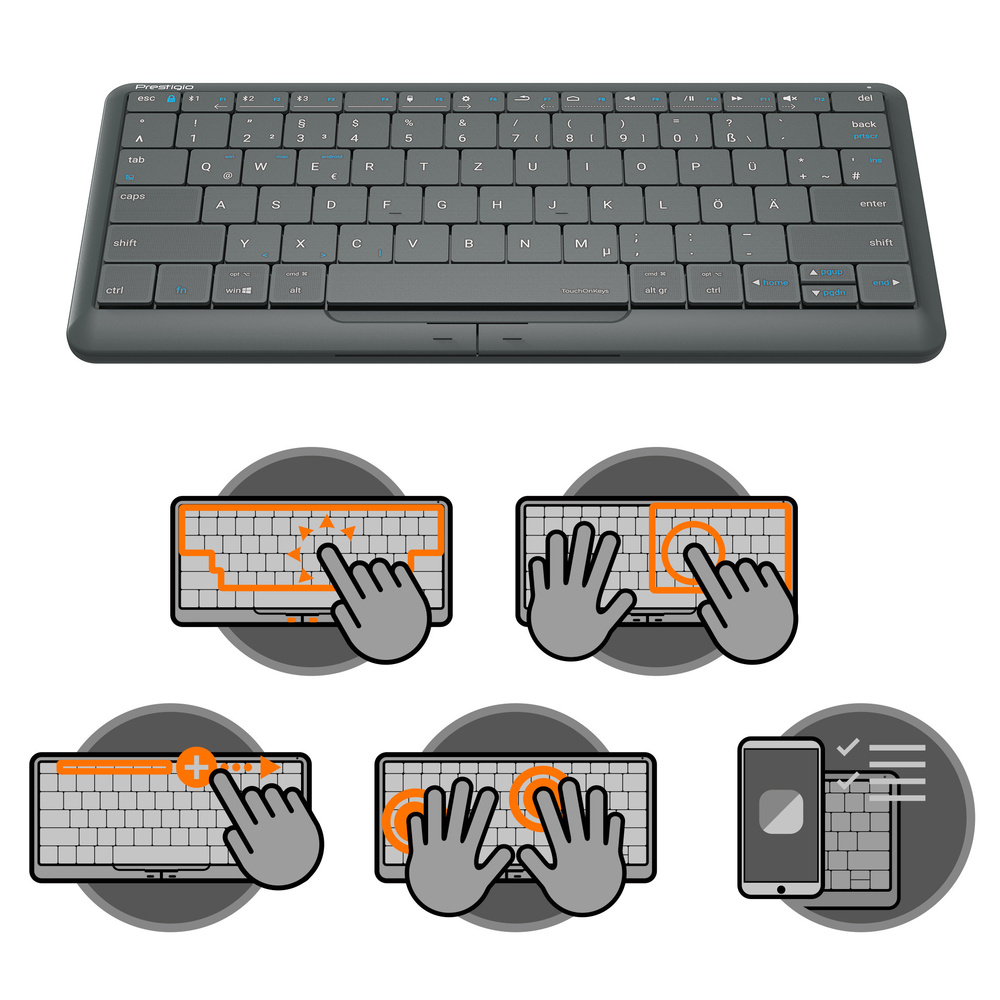 Prestigio 4-in-1-Tastatur Click&Touch 2, mit Touchpad-Tastensteuerung, grau